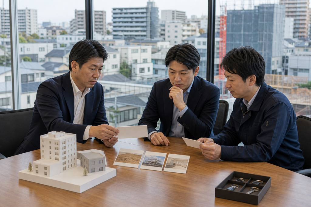 城南不動産事業の100％現金株式取得と統合範囲を確認するM&A担当者