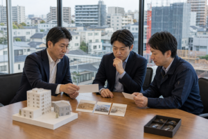 城南不動産事業の100％現金株式取得と統合範囲を確認するM&A担当者