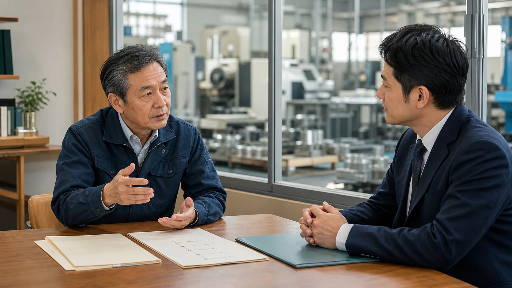 大田区・近隣エリアの事業承継について落ち着いて話し合う経営者とM&A担当者のイメージ