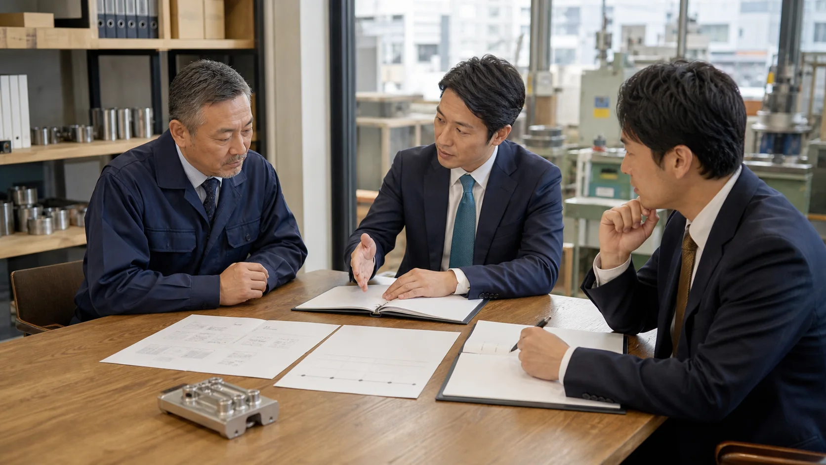 大田区周辺の中小企業の経営者と承継計画を確認するM&A担当者のイメージ