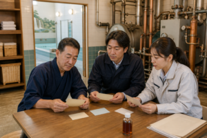 大田区の銭湯・黒湯M&Aで許認可・水質・設備を確認する承継担当者